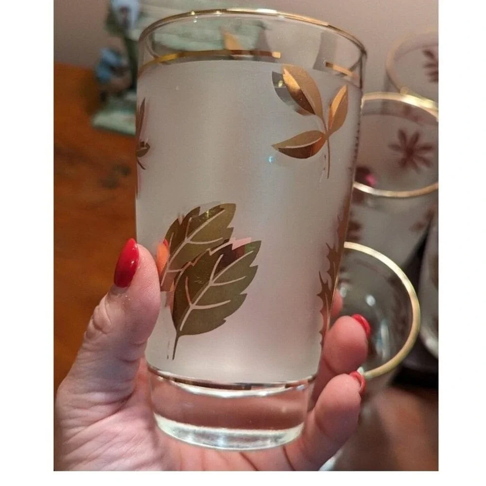 Vintage‎ MCM Gold Leaf Libbey Frosted Tumblers Set of 4 Cocktail Glasses